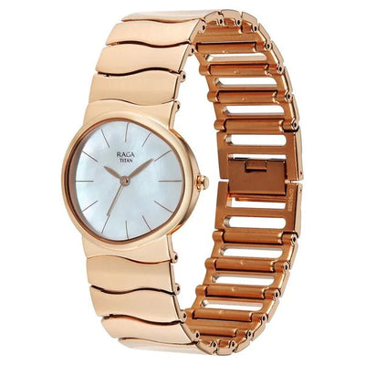 Titan Raga White Special Dial Rose Gold Metal Strap Analog Watch for Women
