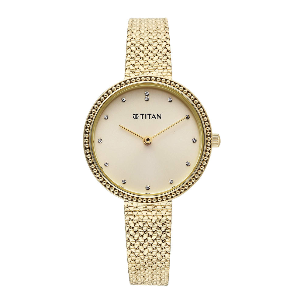 Titan Fashion Champagne Dial Gold Stainless Steel Strap Analog Watch for Women