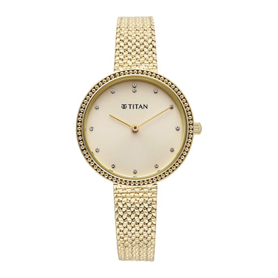 Titan Fashion Champagne Dial Gold Stainless Steel Strap Analog Watch for Women