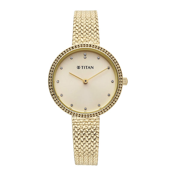 Titan Fashion Champagne Dial Gold Stainless Steel Strap Analog Watch for Women