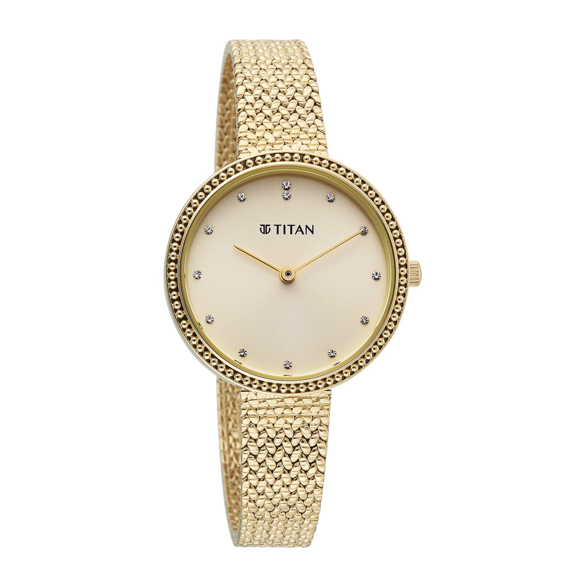 Titan Fashion Champagne Dial Gold Stainless Steel Strap Analog Watch for Women