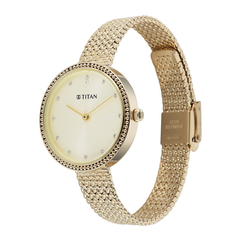 Titan Fashion Champagne Dial Gold Stainless Steel Strap Analog Watch for Women