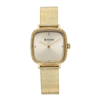 Titan Fashion Champagne Square Dial Gold Stainless Steel Strap Analog Watch for Women