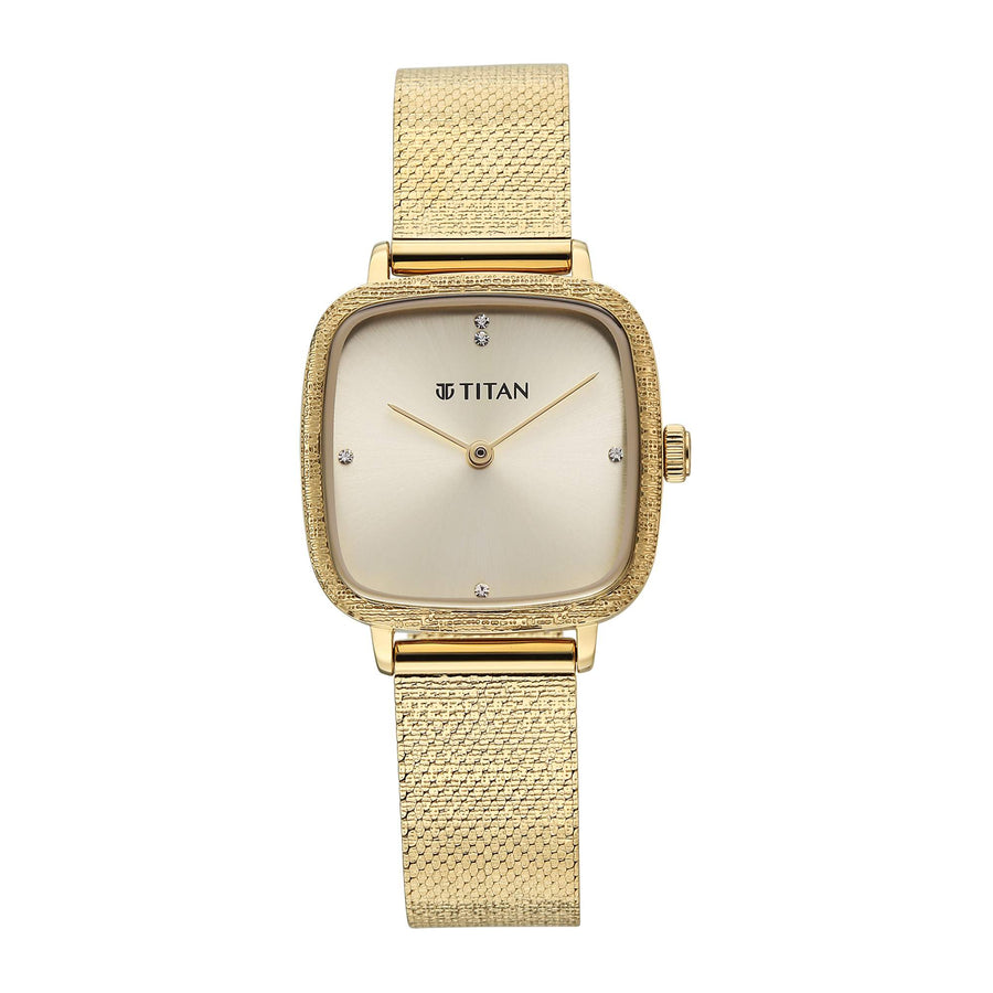 Titan Fashion Champagne Square Dial Gold Stainless Steel Strap Analog Watch for Women