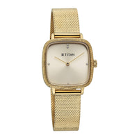 Titan Fashion Champagne Square Dial Gold Stainless Steel Strap Analog Watch for Women