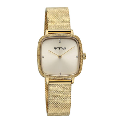 Titan Fashion Champagne Square Dial Gold Stainless Steel Strap Analog Watch for Women