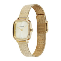 Titan Fashion Champagne Square Dial Gold Stainless Steel Strap Analog Watch for Women