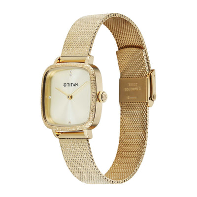 Titan Fashion Champagne Square Dial Gold Stainless Steel Strap Analog Watch for Women
