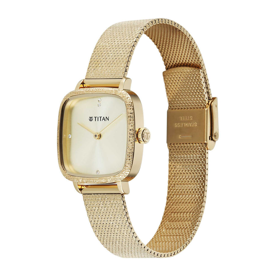 Titan Fashion Champagne Square Dial Gold Stainless Steel Strap Analog Watch for Women
