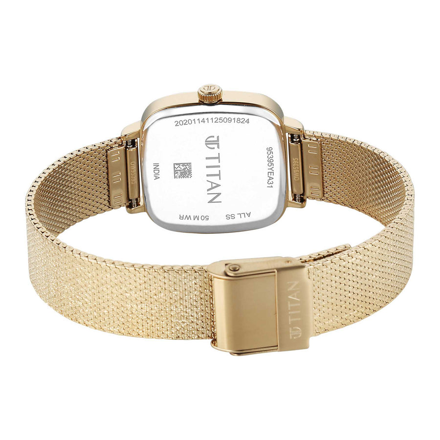 Titan Fashion Champagne Square Dial Gold Stainless Steel Strap Analog Watch for Women