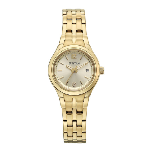 Titan Fashion Champagne Dial Gold Stainless Steel Strap Analog with Date Analog Watch for Women