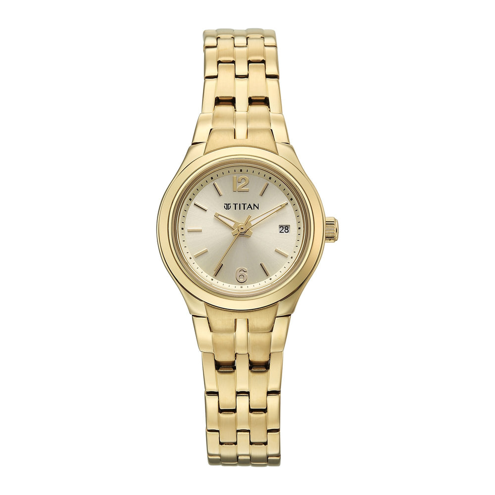 Titan Fashion Champagne Dial Gold Stainless Steel Strap Analog with Date Analog Watch for Women