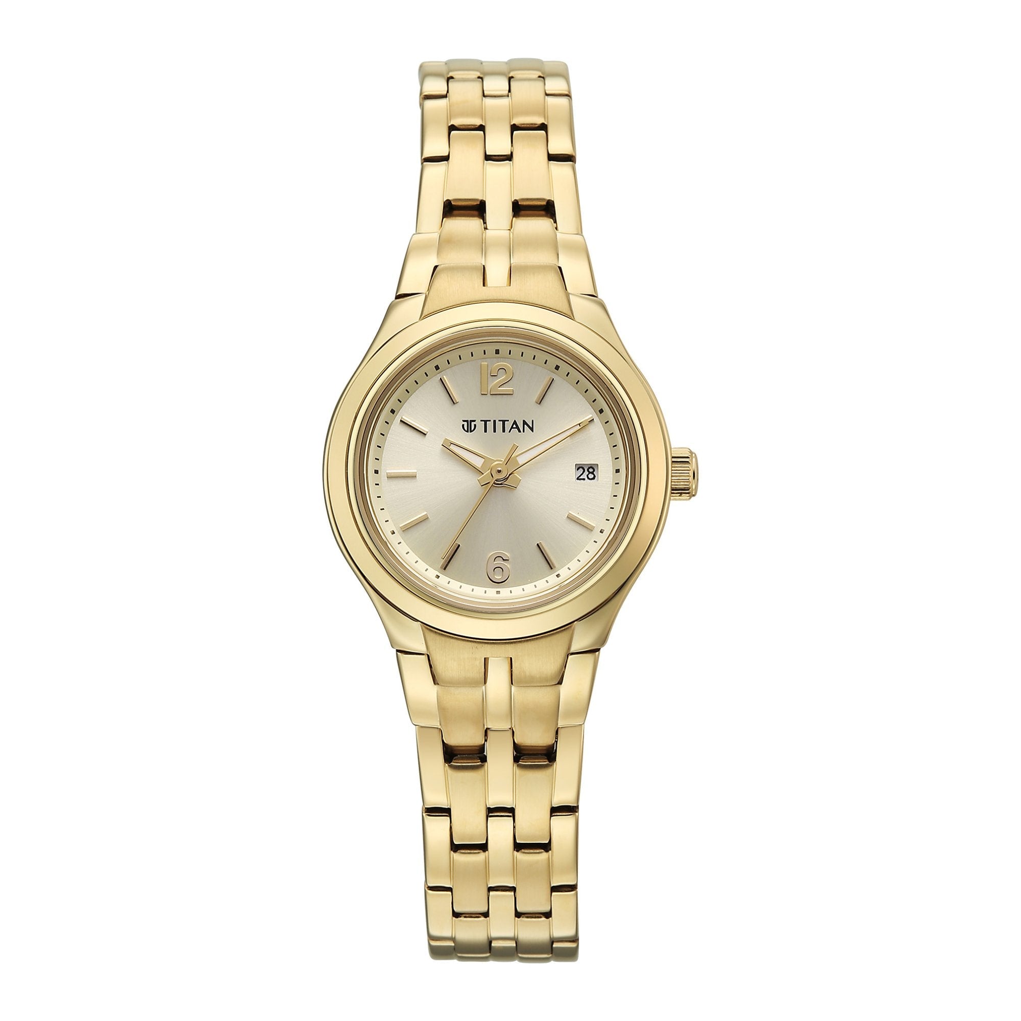 Titan Fashion Champagne Dial Gold Stainless Steel Strap Analog with Date Analog Watch for Women