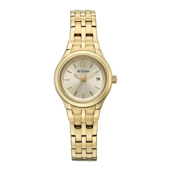 Titan Fashion Champagne Dial Gold Stainless Steel Strap Analog with Date Analog Watch for Women