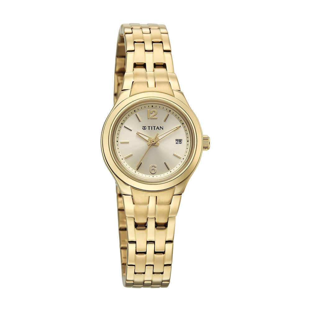 Titan Fashion Champagne Dial Gold Stainless Steel Strap Analog with Date Analog Watch for Women