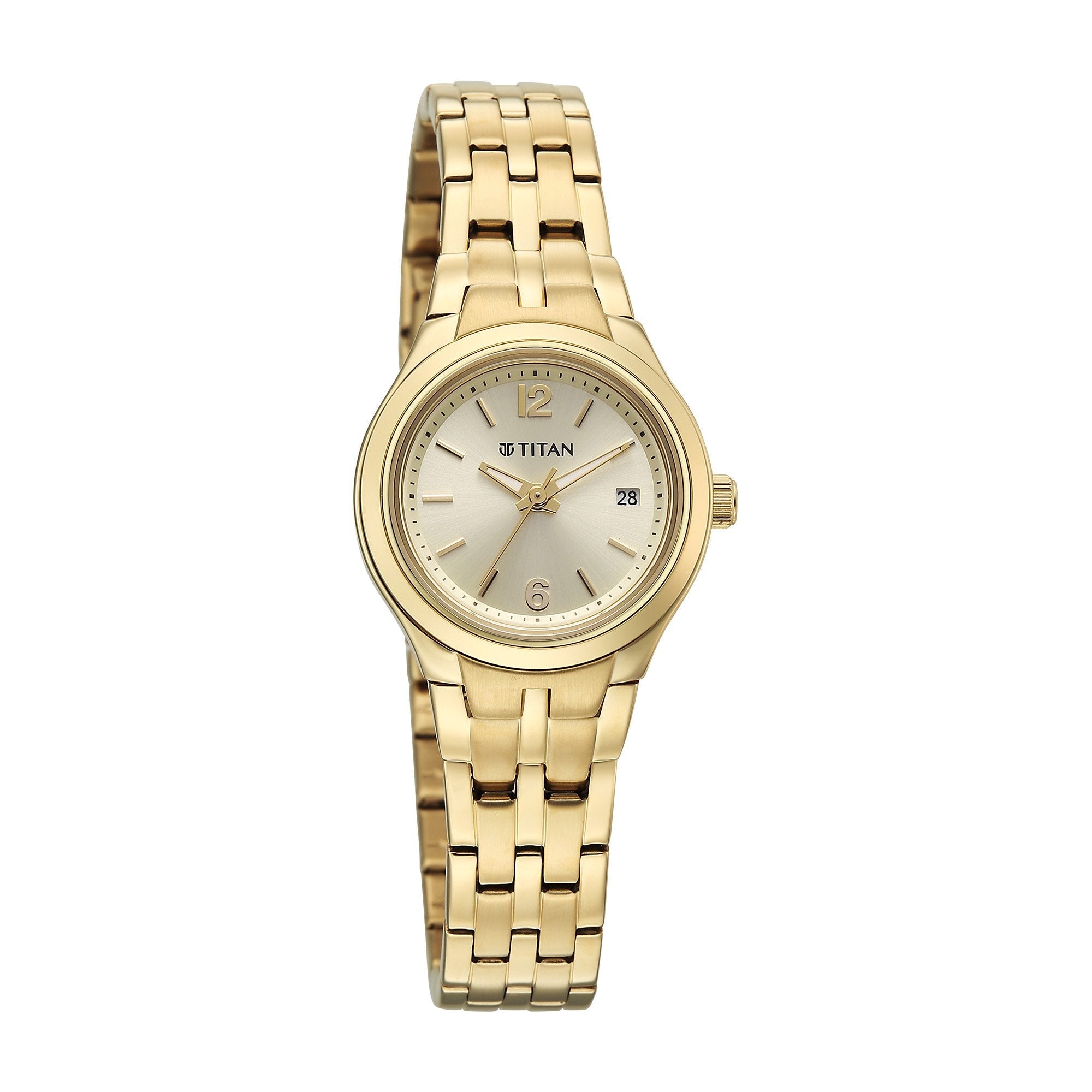 Titan Fashion Champagne Dial Gold Stainless Steel Strap Analog with Date Analog Watch for Women