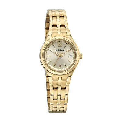 Titan Fashion Champagne Dial Gold Stainless Steel Strap Analog with Date Analog Watch for Women
