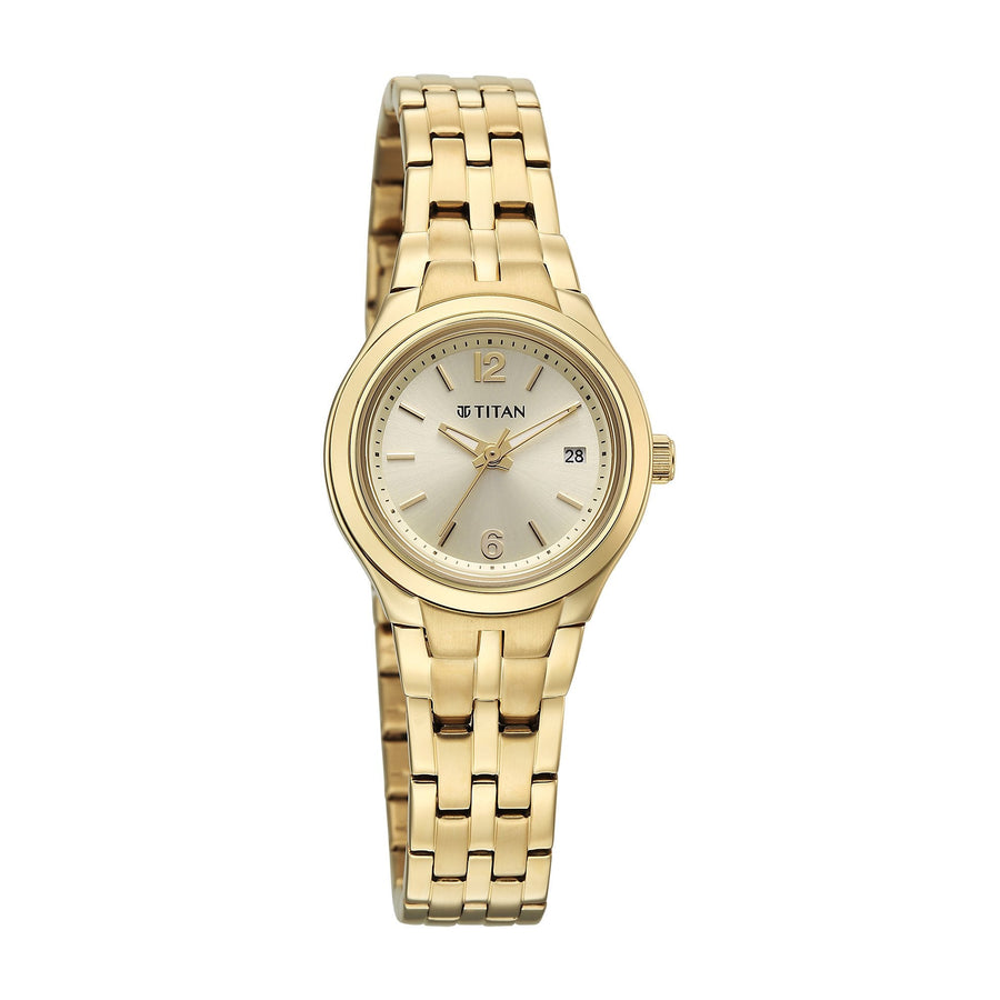 Titan Fashion Champagne Dial Gold Stainless Steel Strap Analog with Date Analog Watch for Women