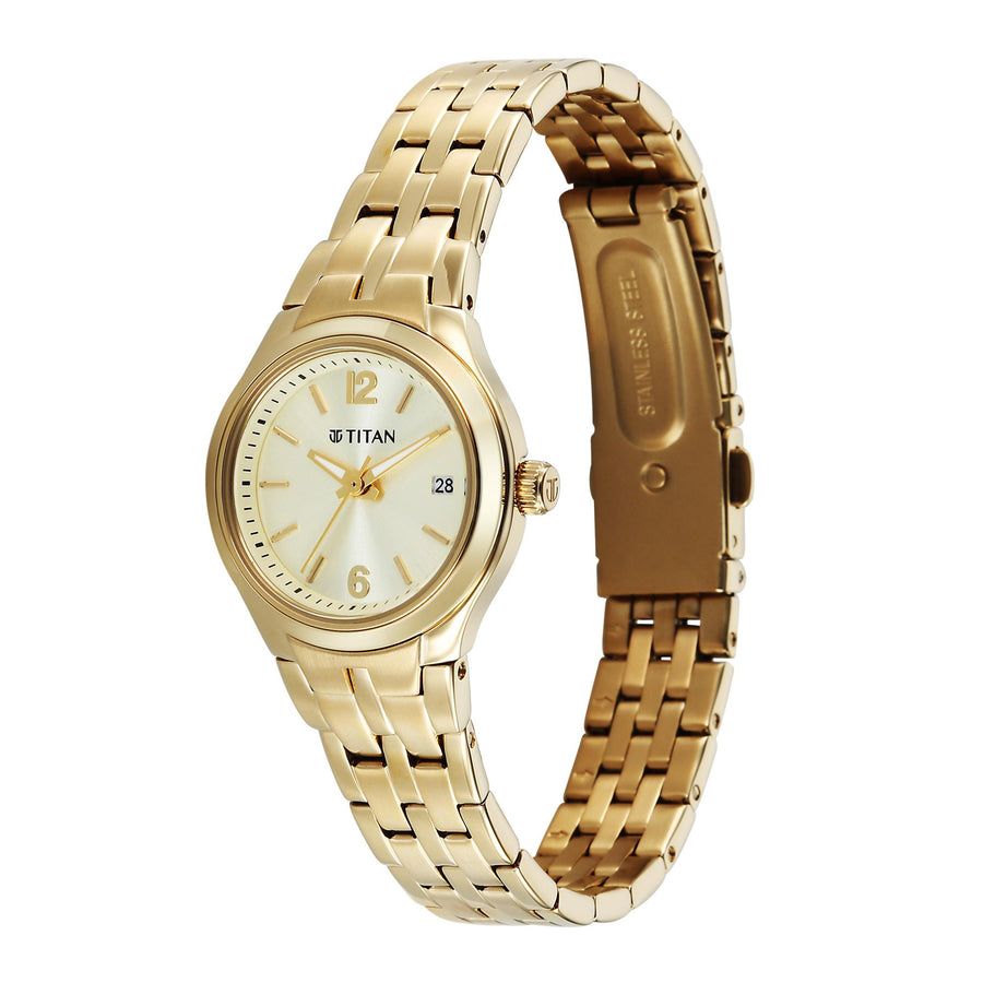 Titan Fashion Champagne Dial Gold Stainless Steel Strap Analog with Date Analog Watch for Women