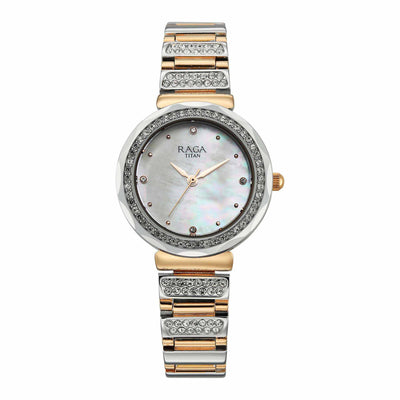 Titan Raga Mother of Pearl Dial Two Toned Metal Strap Analog Watch for Women