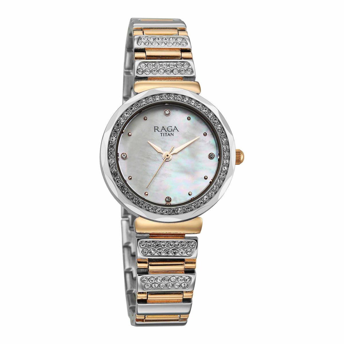 Titan Raga Mother of Pearl Dial Two Toned Metal Strap Analog Watch for Women