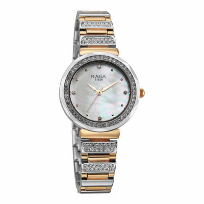 Titan Raga Mother of Pearl Dial Two Toned Metal Strap Analog Watch for Women