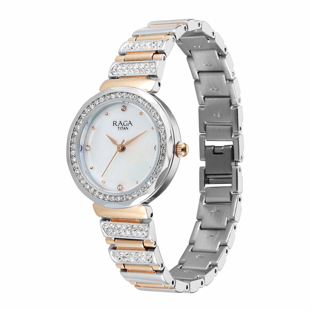 Titan Raga Mother of Pearl Dial Two Toned Metal Strap Analog Watch for Women