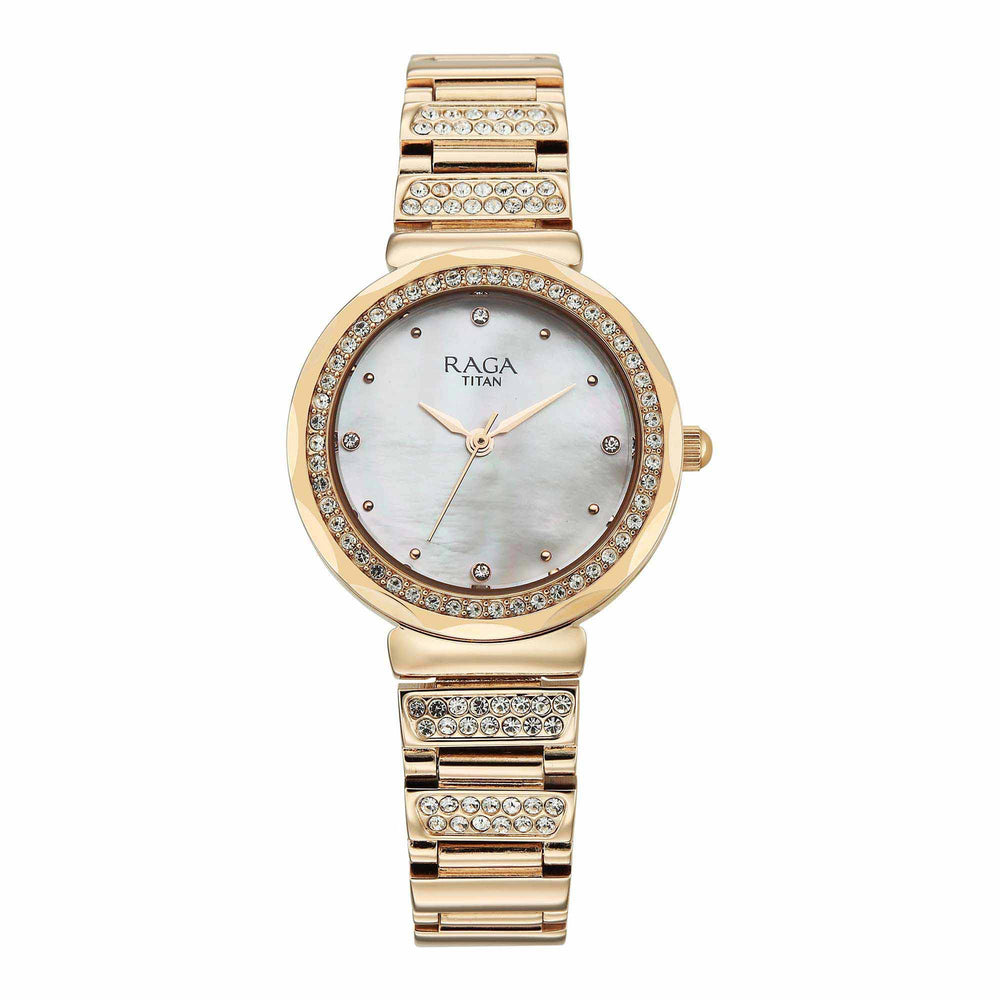 Titan Raga Mother of Pearl Dial Rose Gold Metal Strap Analog Watch for Women
