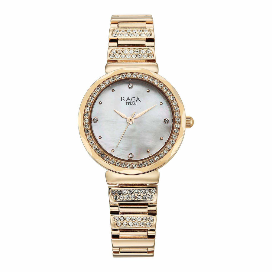 Titan Raga Mother of Pearl Dial Rose Gold Metal Strap Analog Watch for Women
