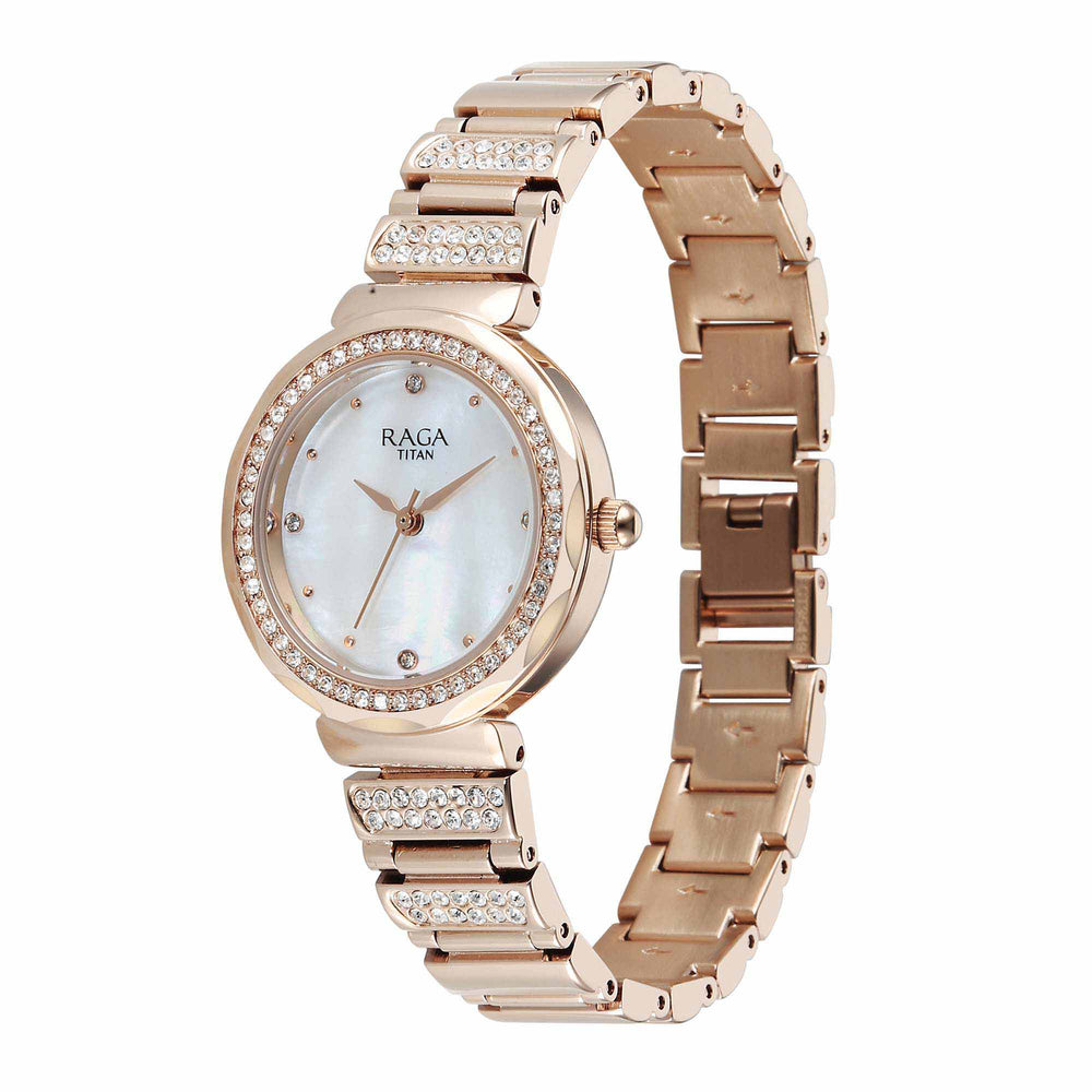 Titan Raga Mother of Pearl Dial Rose Gold Metal Strap Analog Watch for Women