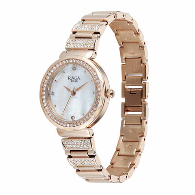 Titan Raga Mother of Pearl Dial Rose Gold Metal Strap Analog Watch for Women