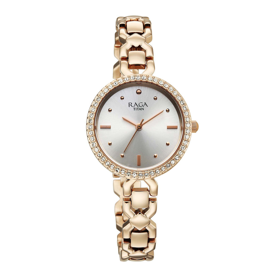 Titan Raga Silver Dial Rose Gold Metal Strap Analog Watch for Women