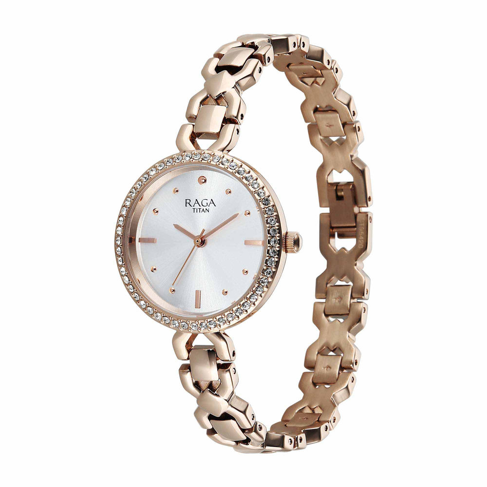 Titan Raga Silver Dial Rose Gold Metal Strap Analog Watch for Women