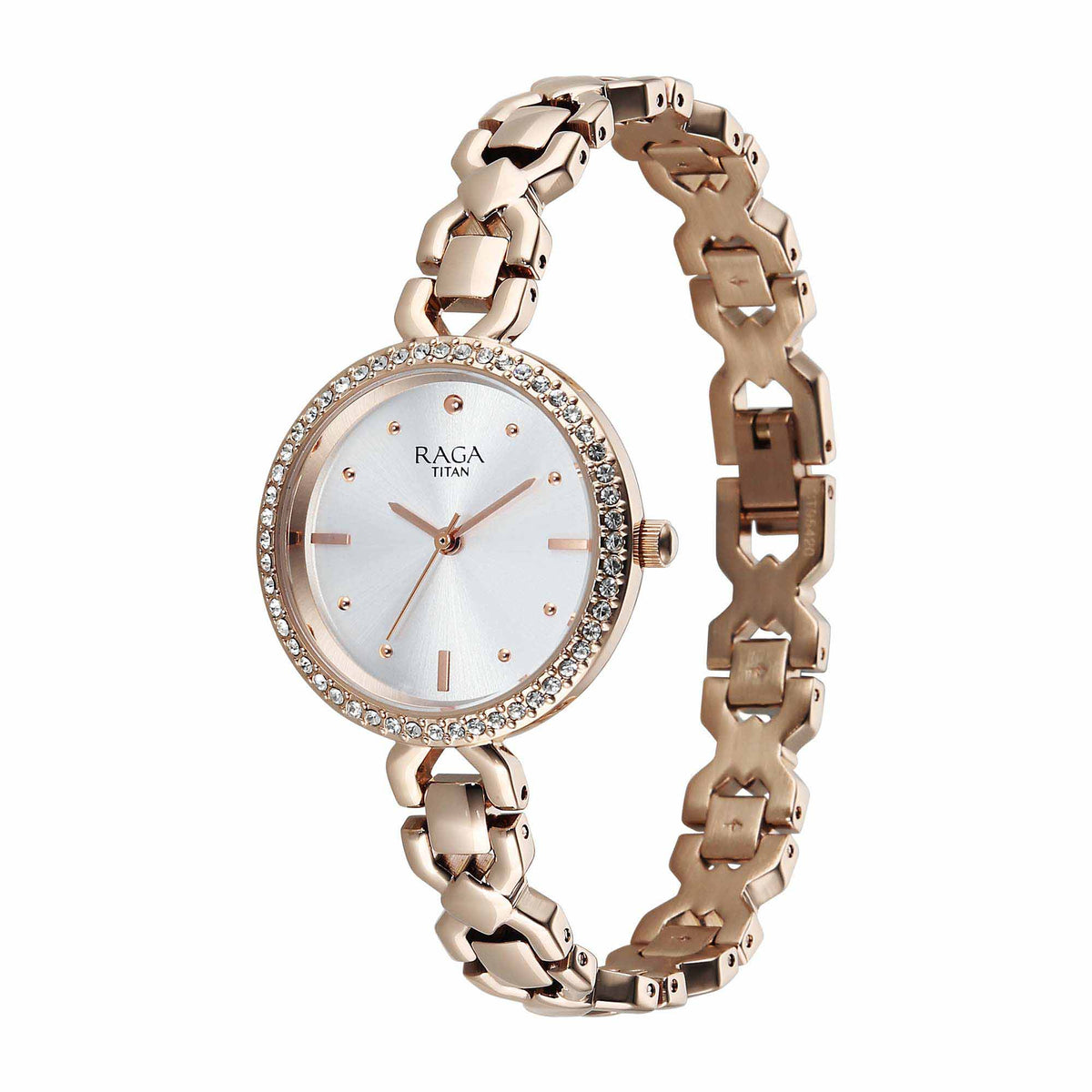 Titan Raga Silver Dial Rose Gold Metal Strap Analog Watch for Women