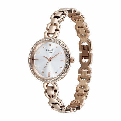 Titan Raga Silver Dial Rose Gold Metal Strap Analog Watch for Women