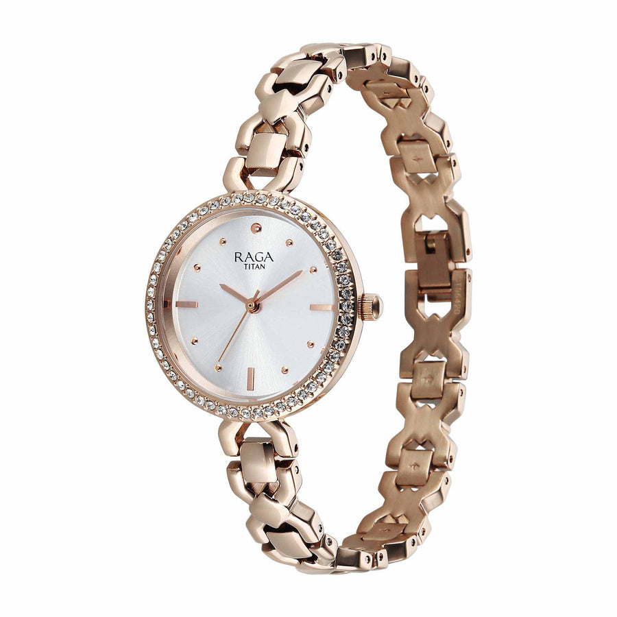 Titan Raga Silver Dial Rose Gold Metal Strap Analog Watch for Women