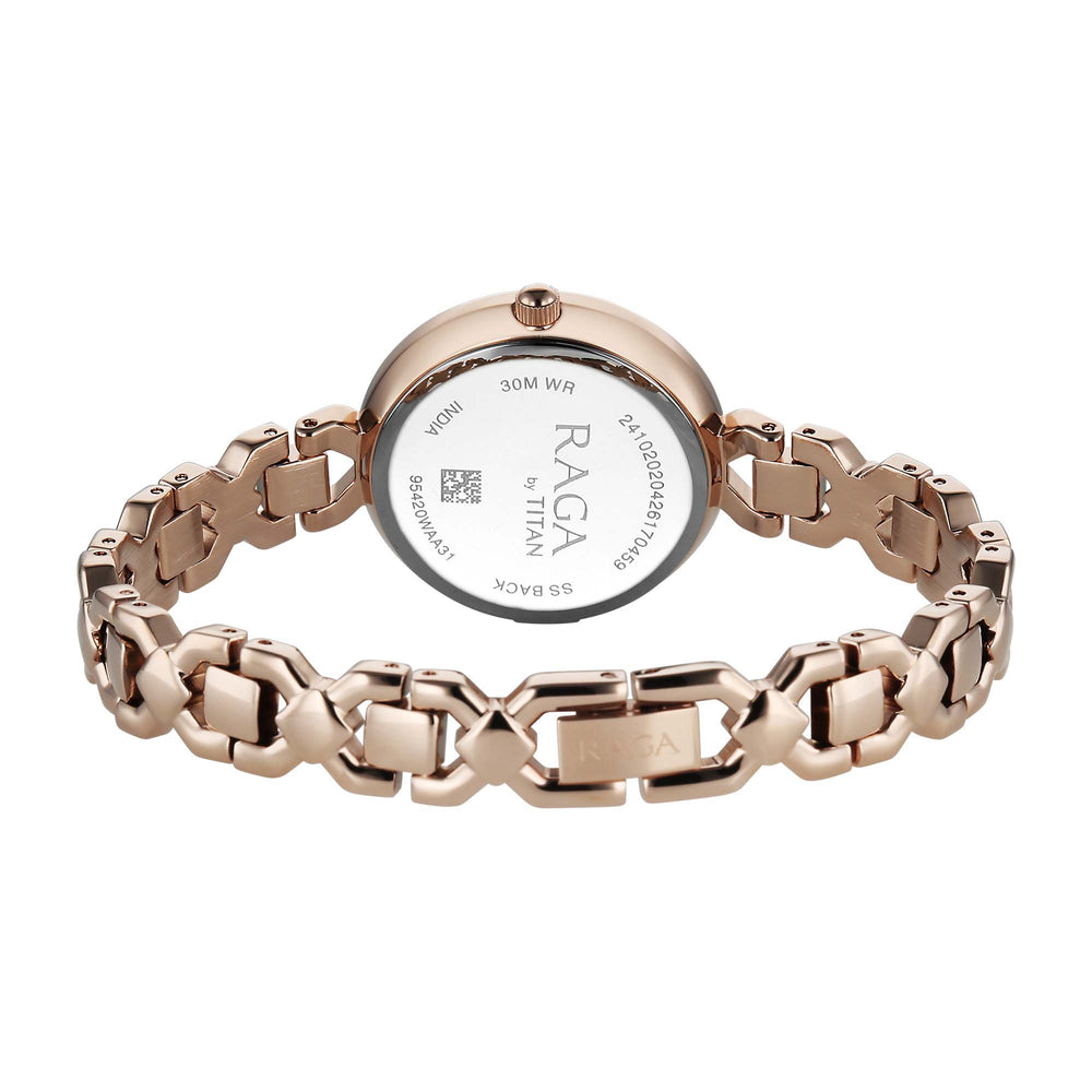 Titan Raga Silver Dial Rose Gold Metal Strap Analog Watch for Women
