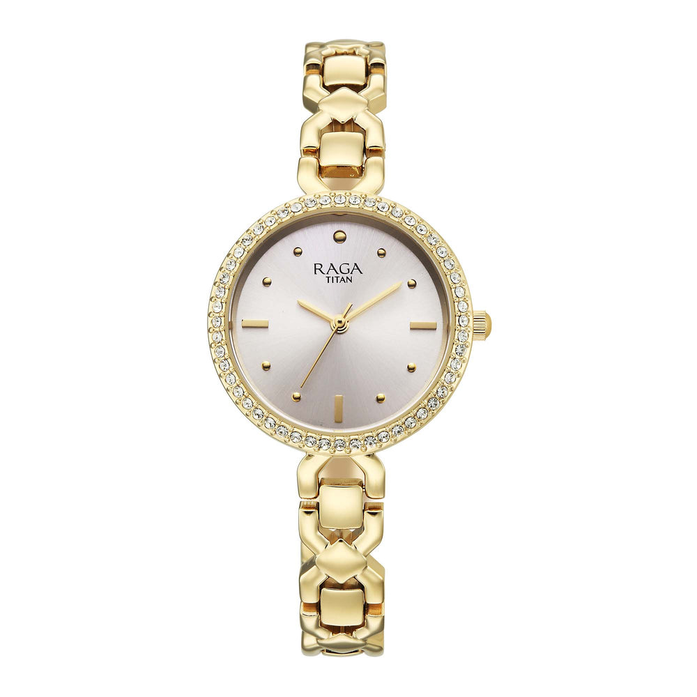 Titan Raga Silver Dial Gold Metal Strap Analog Watch for Women