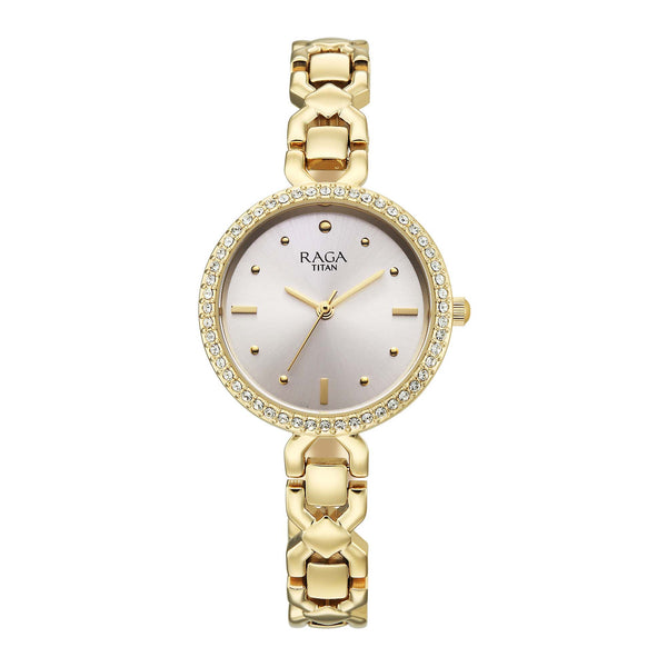 Titan Raga Silver Dial Gold Metal Strap Analog Watch for Women