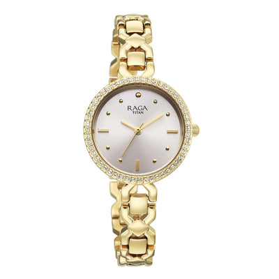 Titan Raga Silver Dial Gold Metal Strap Analog Watch for Women