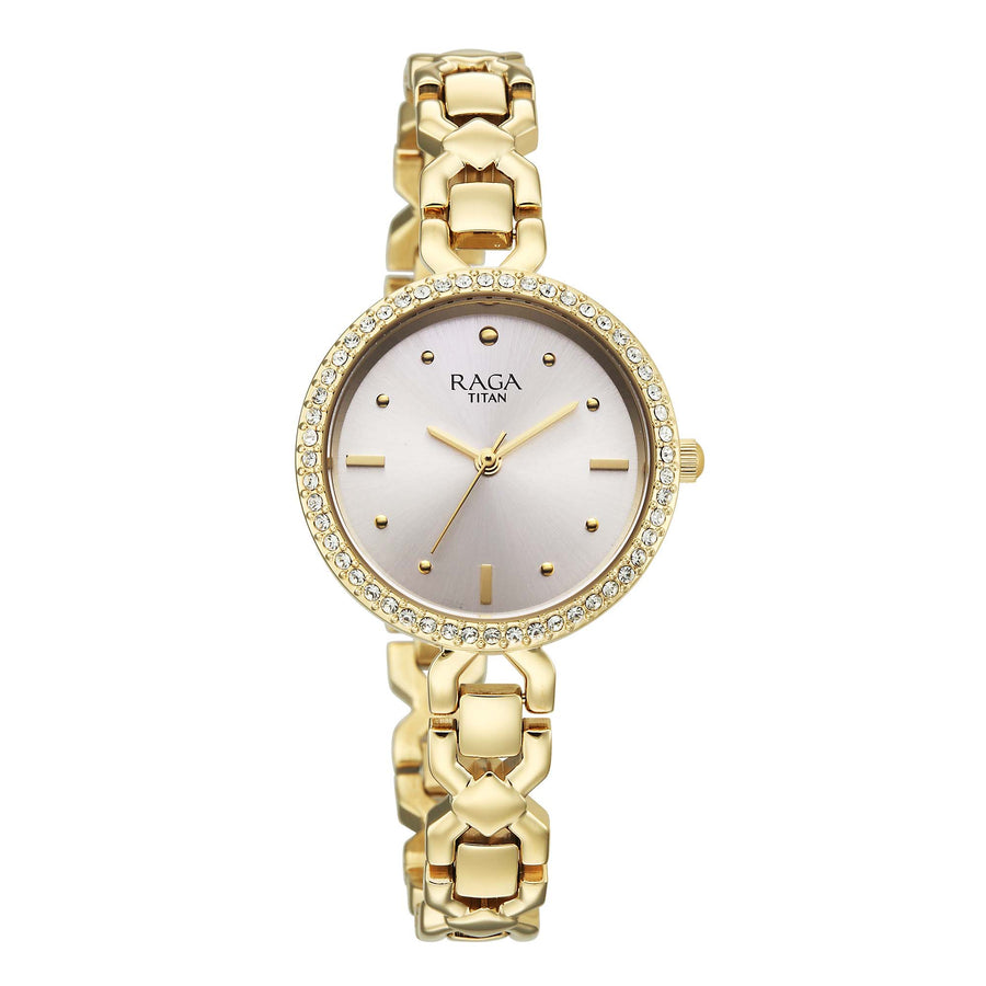 Titan Raga Silver Dial Gold Metal Strap Analog Watch for Women