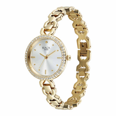Titan Raga Silver Dial Gold Metal Strap Analog Watch for Women