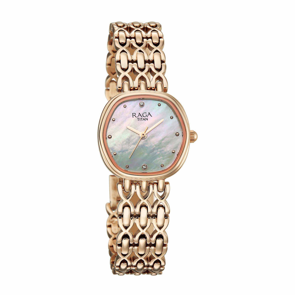 Titan Raga Mother of Pearl Shaped Dial Rose Gold Metal Strap Analog Watch for Women