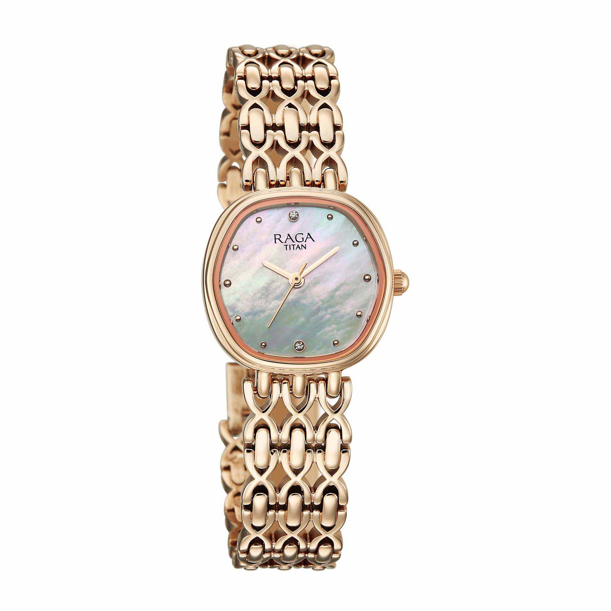 Titan Raga Mother of Pearl Shaped Dial Rose Gold Metal Strap Analog Watch for Women