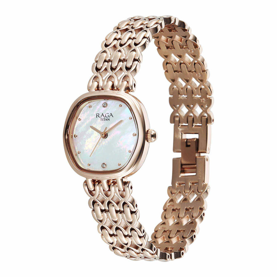 Titan Raga Mother of Pearl Shaped Dial Rose Gold Metal Strap Analog Watch for Women