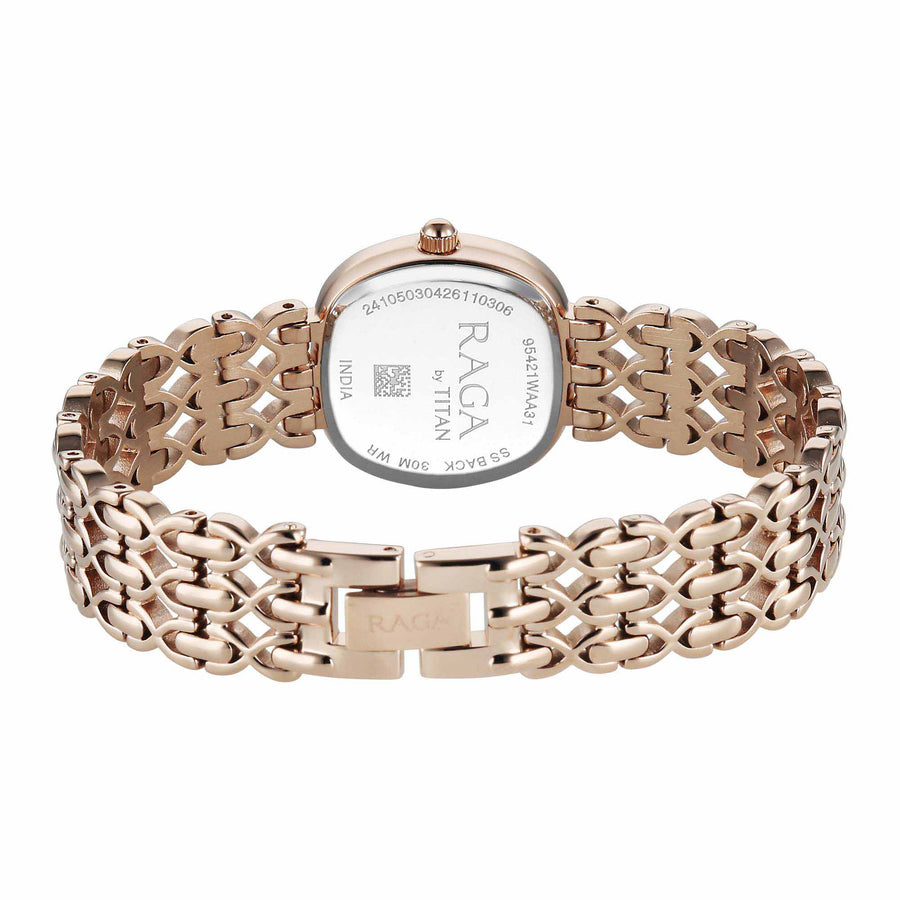 Titan Raga Mother of Pearl Shaped Dial Rose Gold Metal Strap Analog Watch for Women