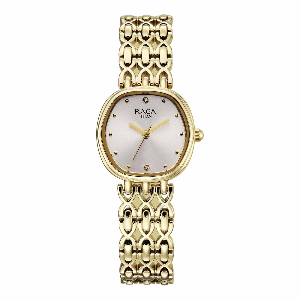 Titan Raga Mother of Pearl Shaped Dial Gold Metal Strap Analog Watch for Women