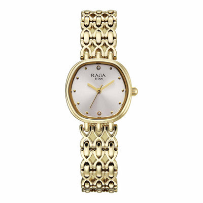 Titan Raga Mother of Pearl Shaped Dial Gold Metal Strap Analog Watch for Women