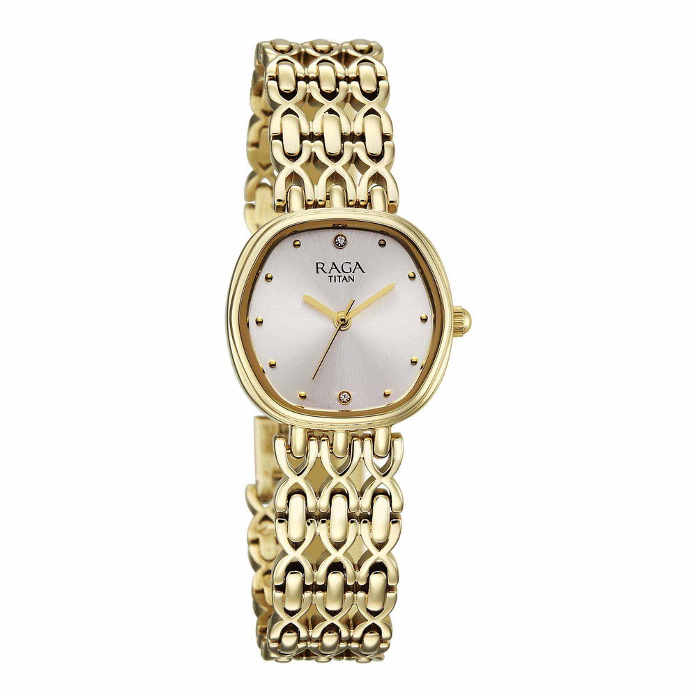 Titan Raga Mother of Pearl Shaped Dial Gold Metal Strap Analog Watch for Women