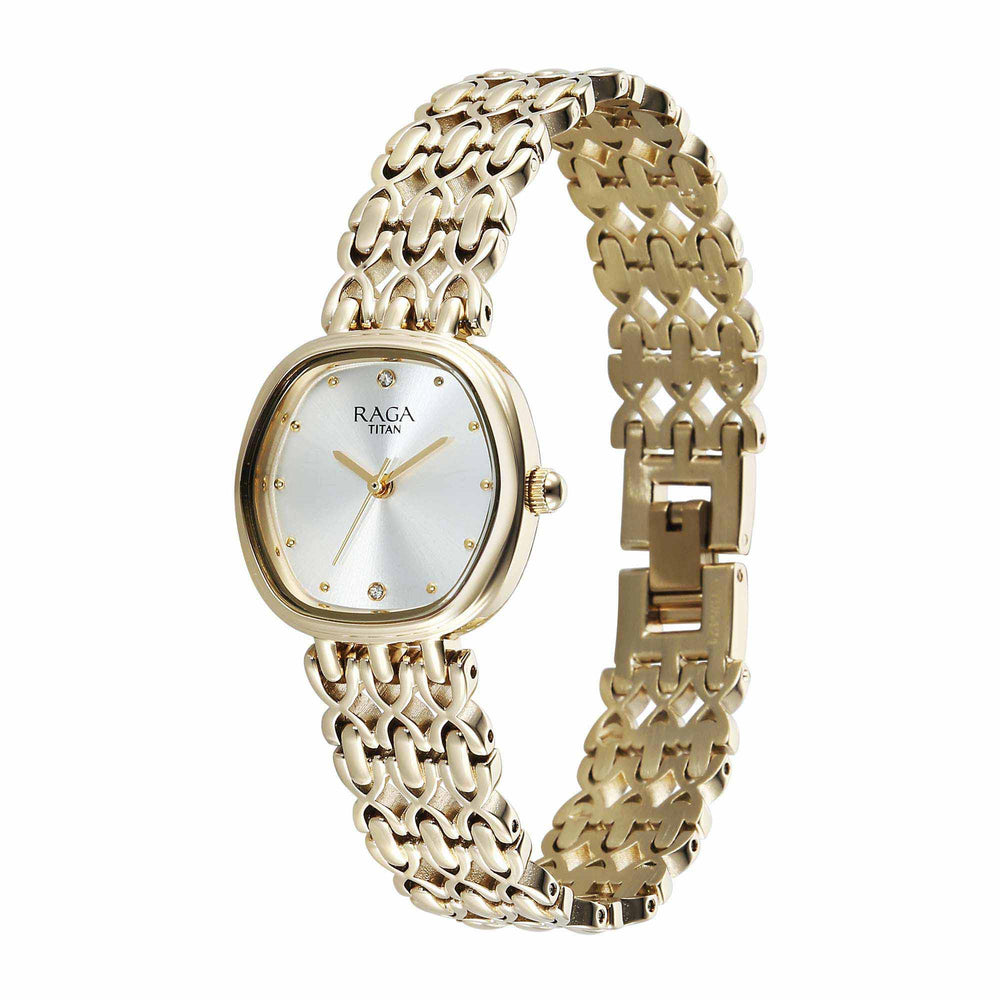 Titan Raga Mother of Pearl Shaped Dial Gold Metal Strap Analog Watch for Women